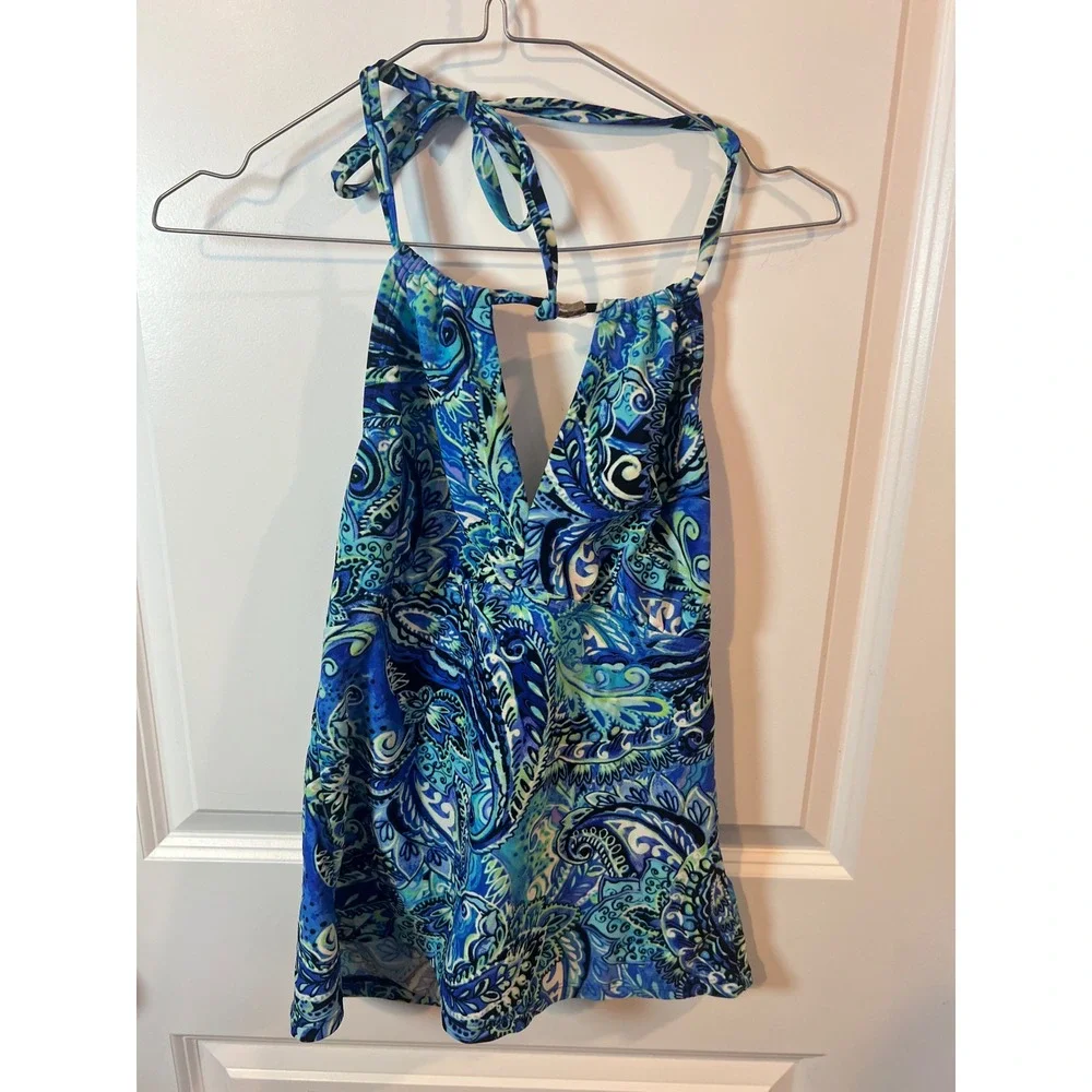 Chaps Womens Tankini Top Paisley Halter Blue Size 12